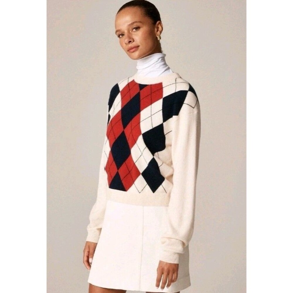 J.Crew Perfect Cashmere Crewneck Sweater In Argyle Ivory Red CO323 Size S NWT